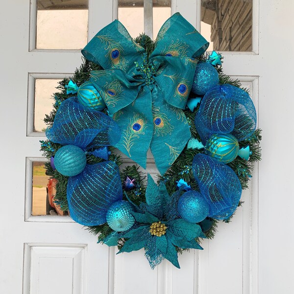 Coronas de Navidad Aqua Blue, coronas de malla, corona de malla, corona de invierno, corona de puerta delantera