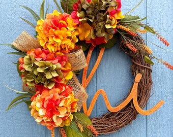 Hydrangea Fall Wreath- Flower Wreath, Wreaths, Fall Wreaths, Door Sign, Hi Sign