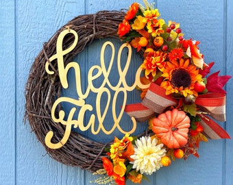 Hello Fall Wreath- Orange Wreath, Wreaths, Fall Decor, Autumn Wreath, Wreaths for Front Door