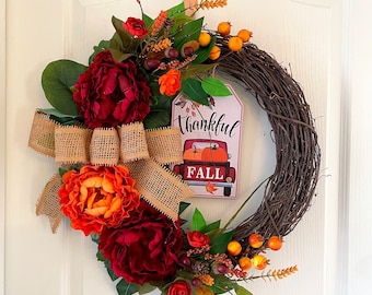 Peony Fall Wreath – Handmade Autumn Decor with Burlap Bow