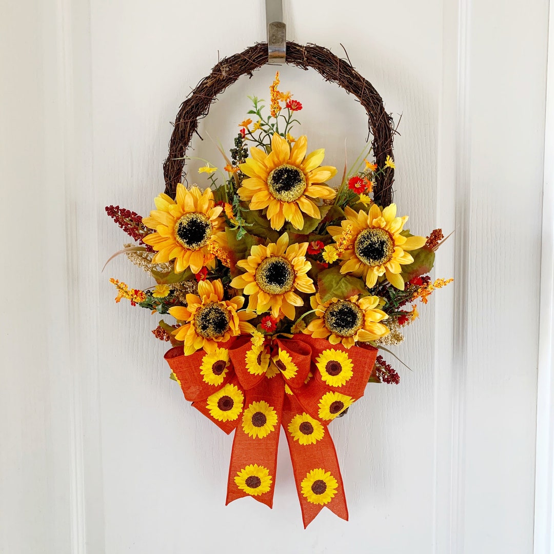 Sunflower Basket Wreath - Handmade Farmhouse Front Door Decor - Etsy