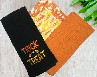 Trick Or Treat Tea TowelHalloweenCandy CornHousewarming GiftKitchen DecorPersonalizedSoft Absorbent