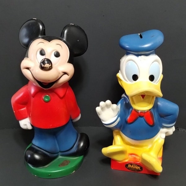 Vintage Walt Disney Coin Banks Mickey Mouse Donald Duck Lot of 2  Play Pal Plastics Children's Playroom Decor
