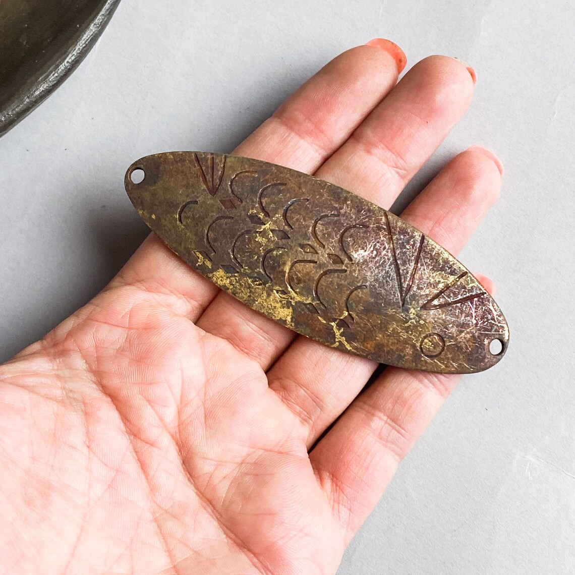 Antique solid brass fishing spoon lure with holes Metal Etsy