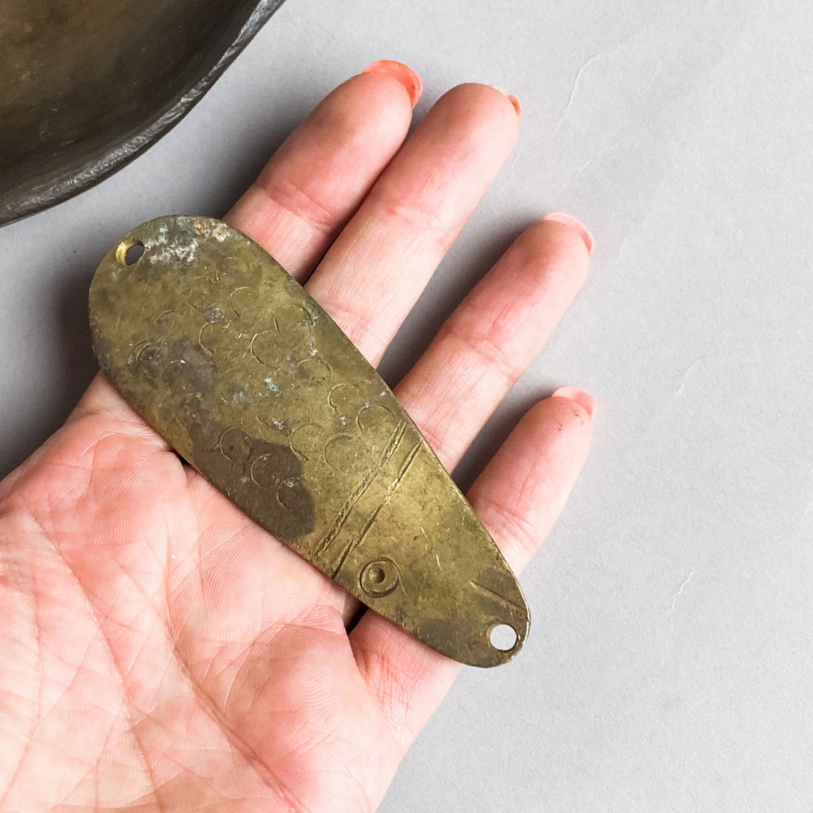 Antique solid brass fishing spoon lure with holes Metal Etsy