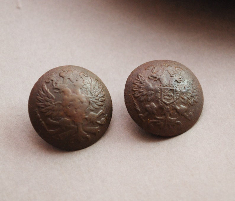 26 Set of 2 Antique brass military uniform buttons original black patina