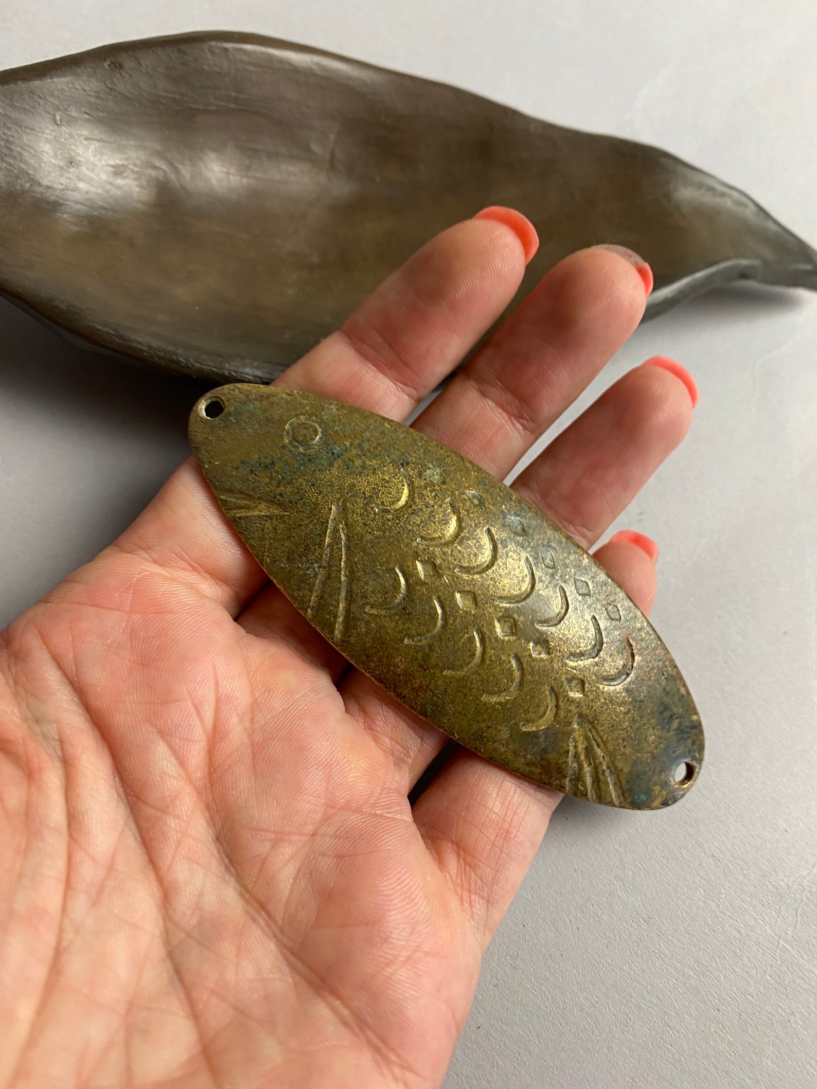 Antique solid brass fishing spoon lure with holes Metal Etsy