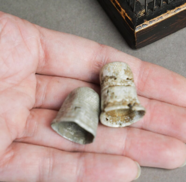 cup dark patina Set of 2 Antique aluminum thimbles finger protection sewing tool