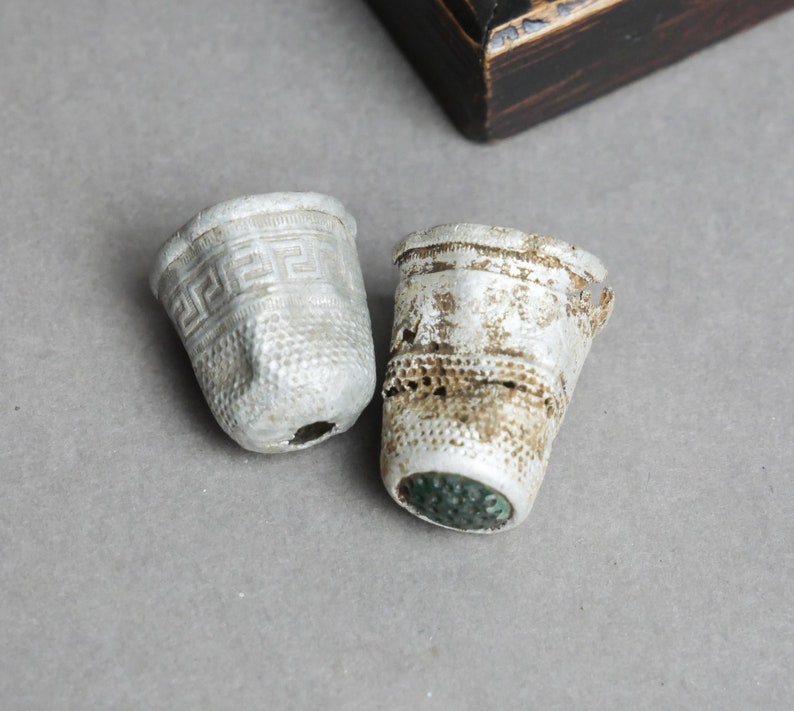 cup dark patina Set of 2 Antique aluminum thimbles finger protection sewing tool