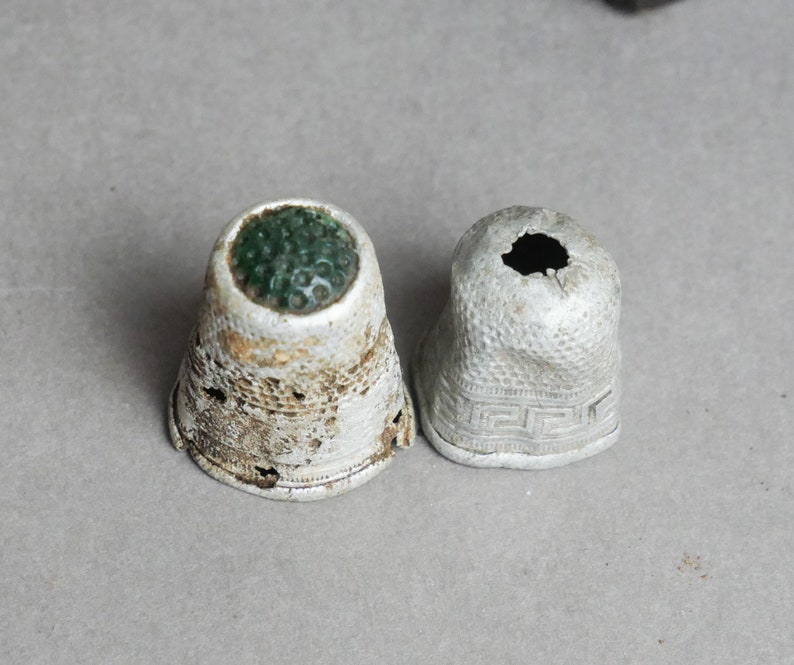 cup dark patina Set of 2 Antique aluminum thimbles finger protection sewing tool