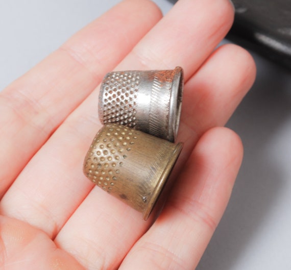 cup dark patina Set of 2 Antique aluminum thimbles finger protection sewing tool