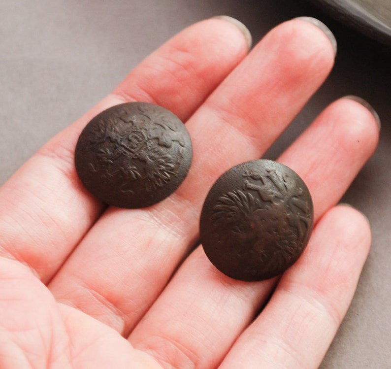 26 Set of 2 Antique brass military uniform buttons original black patina