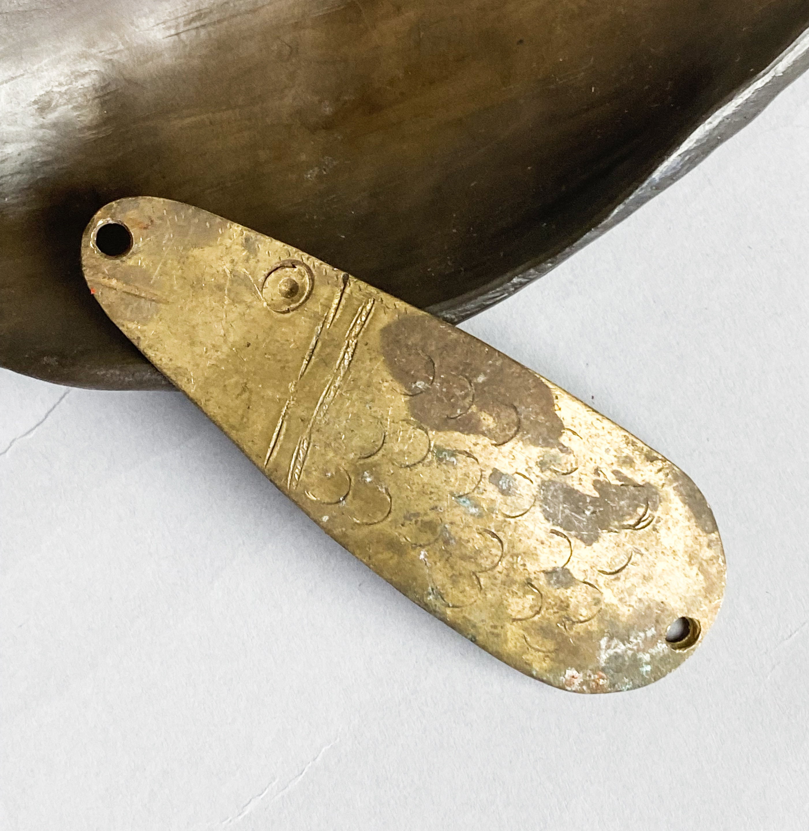 Antique solid brass fishing spoon lure with holes Metal Etsy