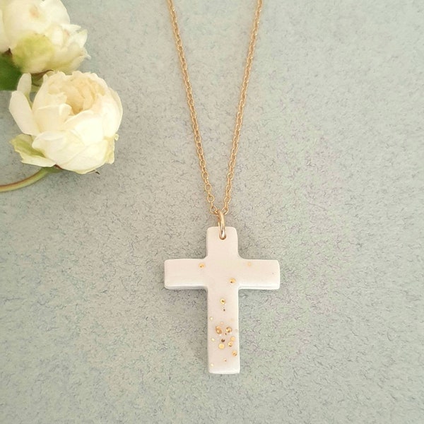 Collier croix en porcelaine et or Gold filled HOUDA (bijou religieux) La belle au bois