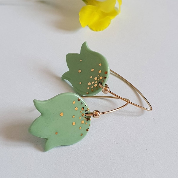 Green tulip earrings, 14k gold filled gold supports, MARY (FLEUR jewel)