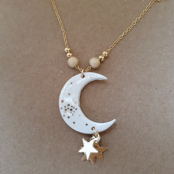 Long collier à superposer Or et Porcelaine, Lune et étoiles Gold filled 18k ISABELLE (bijou céleste) La belle au bois