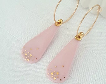 Pink and gold dangling earrings, 14k gold filled gold supports, LEONORE (Drops)