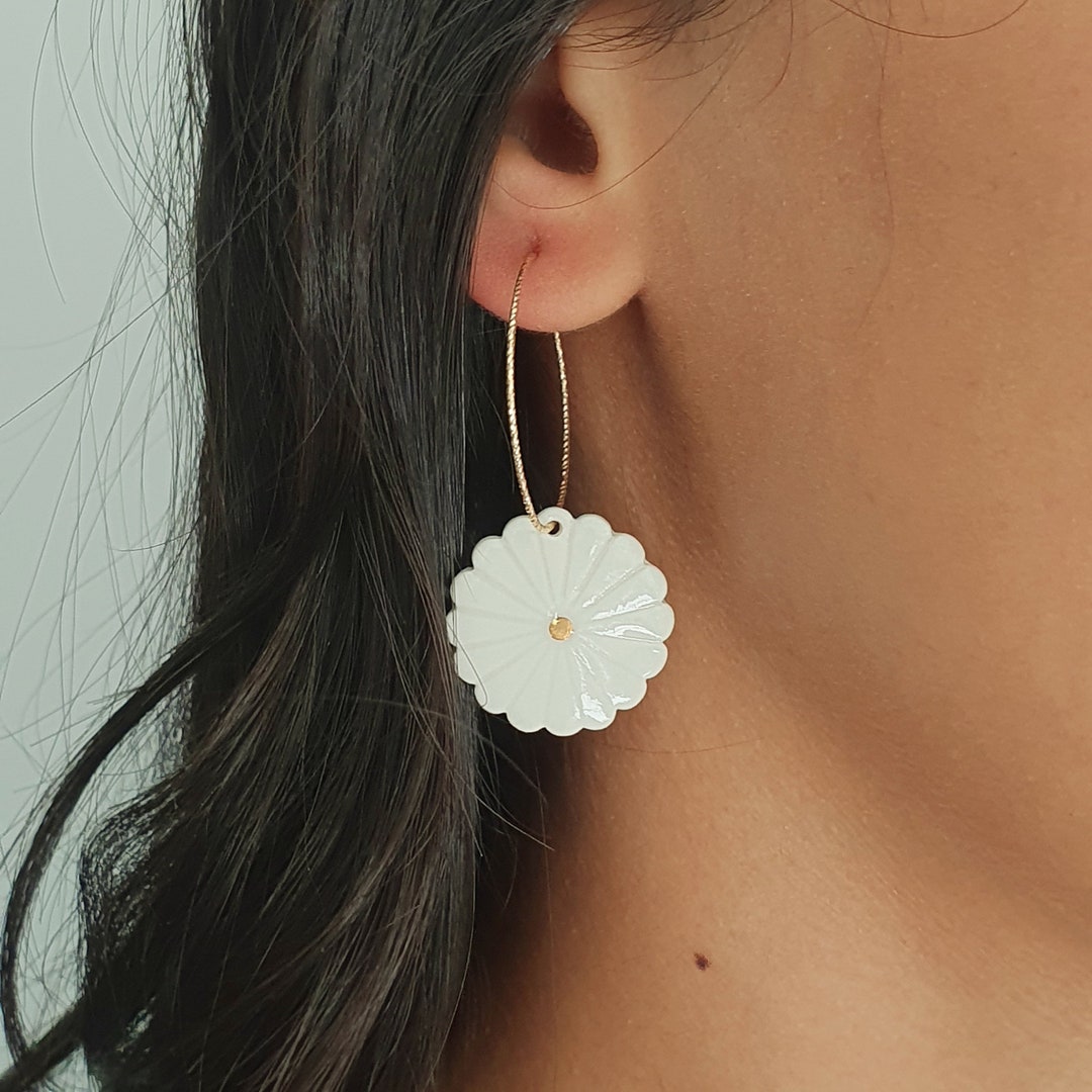 Gold And Porcelain Hoop Earrings Large Daisies With A Gold Center 