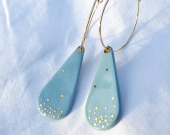 Long pastel blue drop earrings, thick gold filled 14k gold supports, YVES (jewel 2024)