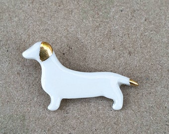 Short Hair Dachshund Brooch, Gold, Porcelain ELISABETH (Dachshund Pin) La Belle au bois