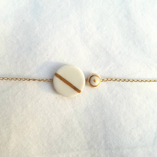 Bracelet blanc en Porcelaine Gold Filled 14 carats avec petite chaîne de rallonge CAMILLE (bijou minimaliste)