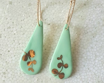 Green porcelain and gold dangling earrings, 14k gold filled gold supports, MARIA (summer 2024 jewelry)