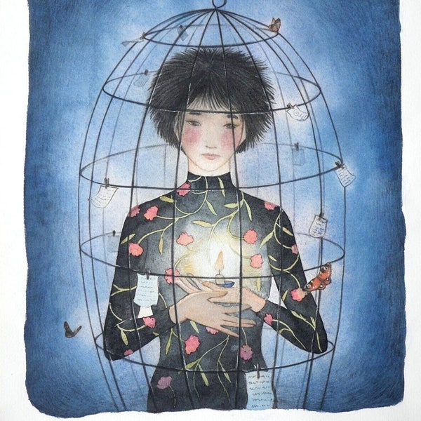 Aquarelle originale - illustration "Dans ma cage".