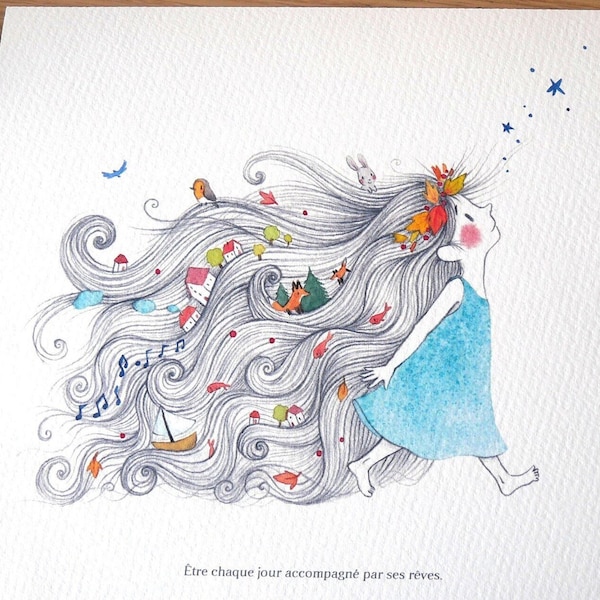 Art print - watercolor youth illustration "Accompanied by his dreams"