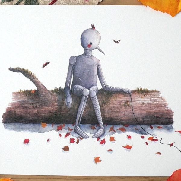 Art print - watercolor illustration "The robot and the butterflies".