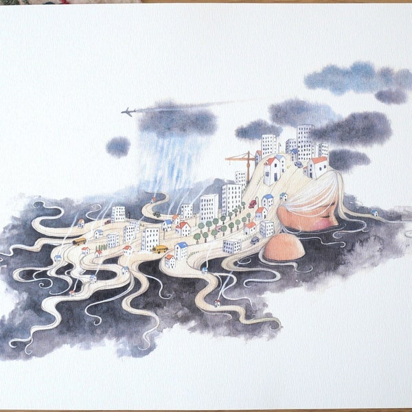 Art print - watercolor illustration "My town".