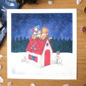Aquarellillustration – Kleine Katze entdeckt den Schnee – Kunstreproduktion im Format 21 cm x 21 cm.