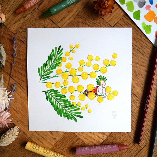 Illustration originale - Mimosa - "Amour secret" dans le langage des fleurs