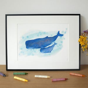 Aquarellillustration – Kleine Pottwalfamilie – A4-Kunstdruck.