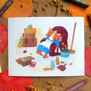 Illustration à l'aquarelle - Petite ménagère épuisée - tirage d'art au format 19,5cm*14,8cm.