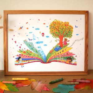 Aquarellillustration – Die Freuden des Lesens – Kunstreproduktion 40 cm x 30 cm.