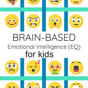 Puede incluir: Un gráfico colorido con caras sonrientes amarillas que representan diferentes emociones. El gráfico está titulado "BRAIN-BASED Emotional Intelligence (EQ) for kids".