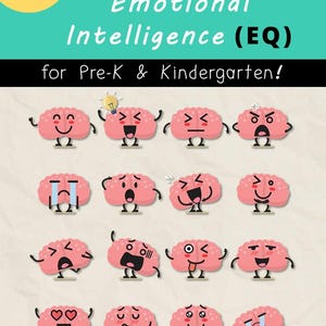 Puede incluir: Una ilustración colorida de un cerebro con diferentes expresiones faciales. El cerebro es rosa y tiene una apariencia de dibujos animados. El texto "BRAIN-BASED Emotional Intelligence (EQ) for Pre-K & Kindergarten!" está en la parte superior de la imagen.