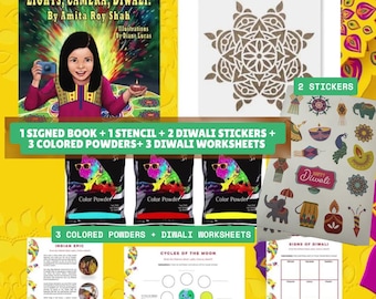 Diwali Activity Kit: Diwali Children's Book Signed by Author, 1 Rangoli Stencil, 2 Diwali Stickers,  3 Colored Powders + 3 Worksheets