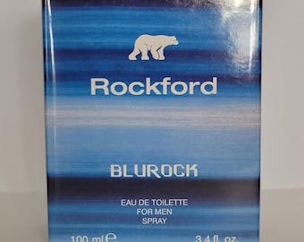 May include: A blue and white box with a polar bear logo and the text "Rockford Blurock Eau de Toilette for Men Spray 100 ml e 3,4 fl. oz."