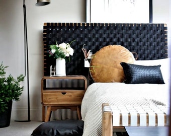 Cabecero de tejido de madera y cuero con marco de madera de nogal escandinavo, reina, cabecero king, cabecero individual, doble, muebles de dormitorio