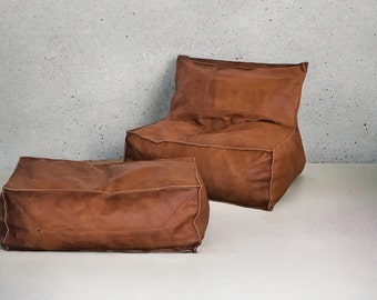 Handcrafted Moroccan Leather Lounger Set, Leather Armless Sofa with Ottoman, Square Footstool, Leather Lounger For Living Room, Bean Bag