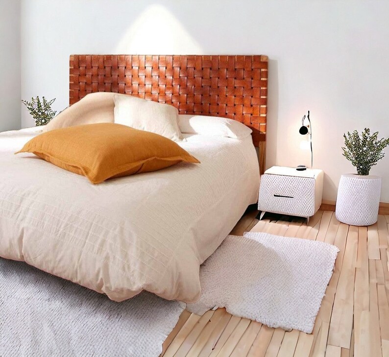 Scandinavian Solid Frame Wood and Leather Weave Headboard, Queen, King, Single, Double All Size Bed, Natural, Brown, Black, White, Colors zdjęcie 3