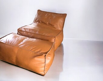 Armless Leather Sofa With Square Ottoman Footstool, Genuine leather Lounger Sofa Chair, Large Casual Floor Seat, Leather Bean Bag Boho Decor