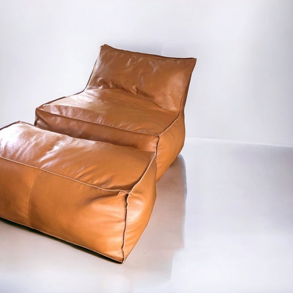 Armless Leather Sofa With Square Ottoman Footstool, Genuine leather Lounger Sofa Chair, Large Casual Floor Seat, Leather Bean Bag Boho Decor