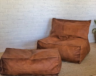 Handcrafted Leather Lounge Sofa Set, Leather Armless Sofa Set with Ottoman, Ottoman Footstool, Leather Lounger For Living Room, Bean Bag