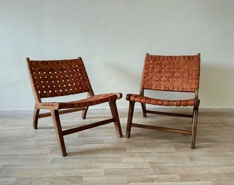 Set Of 2 Woven Leather Chair, Leather Lounge Chair, Solid Wood Frame, Leather Armchair, Braided Leather Chairs, Customizable Chair, Bench