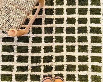 Home Decor Area Rug, Green Checkered Rug Runner, Custom Moroccan Rug Green, Berber Checkerboard Rug Wool, Boho Rug For Bedroom Living Room