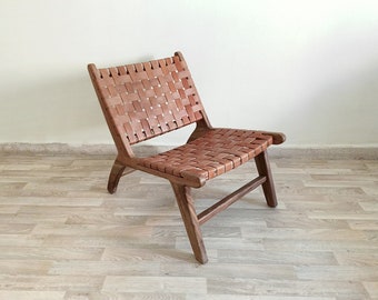 Customizable Leather Lounge Chair, Woven Accent Chair, Walnut Wood Chair, Braided Leather Chair, Wooden Armchair, Wood Bench Boho Home Decor