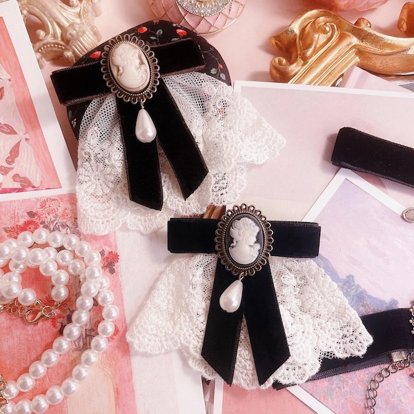 Vintage-inspired Black And Beige Cameo Brooch With Velvet Bow, Off-white Lace, And A Pearl Drop. (Cottage core / Romantic Academia)