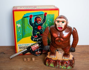 Battery Operated Roaring Gorilla (King Kong) Shooting Gallery Tin Toy 1960s